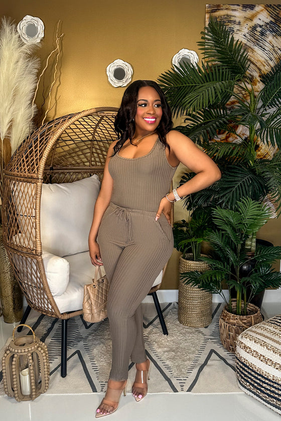 Aria Butter Soft Ribbed Jumpsuit | Taupe
