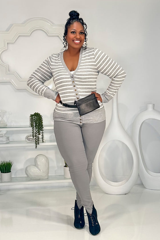 Stripe and Stretch Snap Button Cardigan | Heather Gray/Ivory