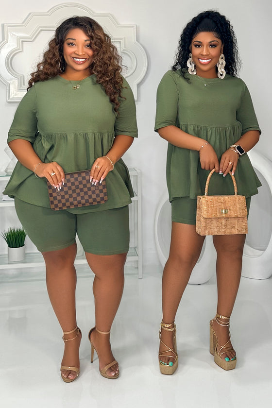 Prissy Babydoll and Biker Short Set | Ash Olive | S-3X