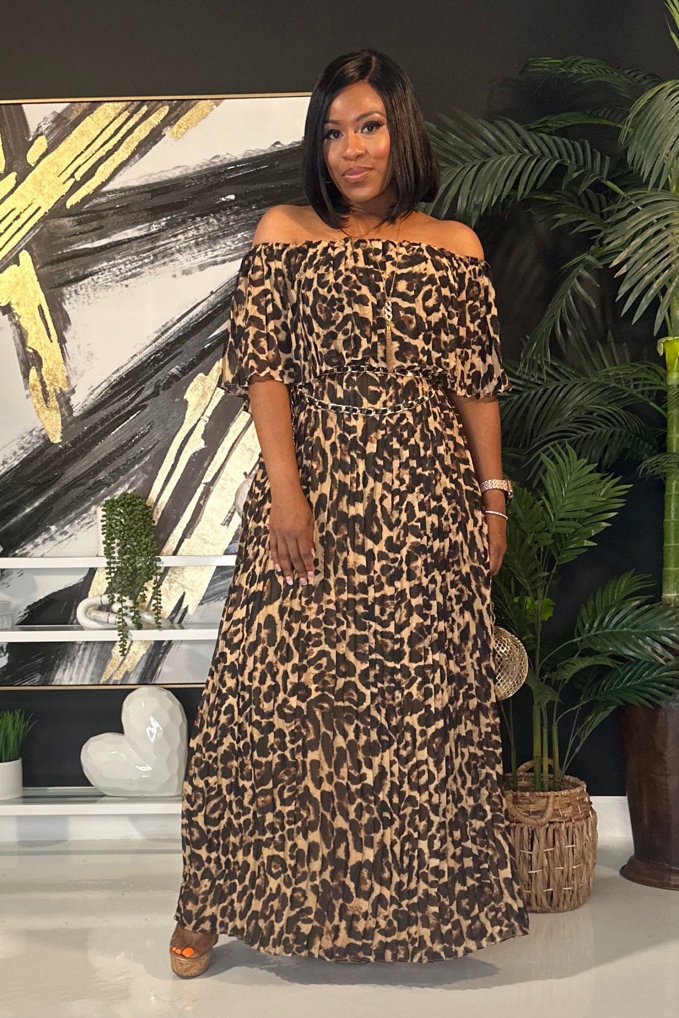 Wild Elegance Off Shoulder Leopard Maxi Dress